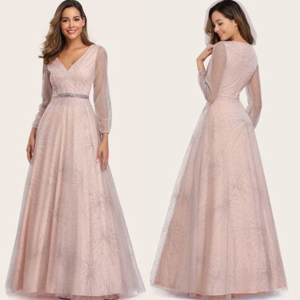 Glitter Sequin Long Puff Sleeve Pink Sparkle V Neck Sheer Princess Prom Gown
